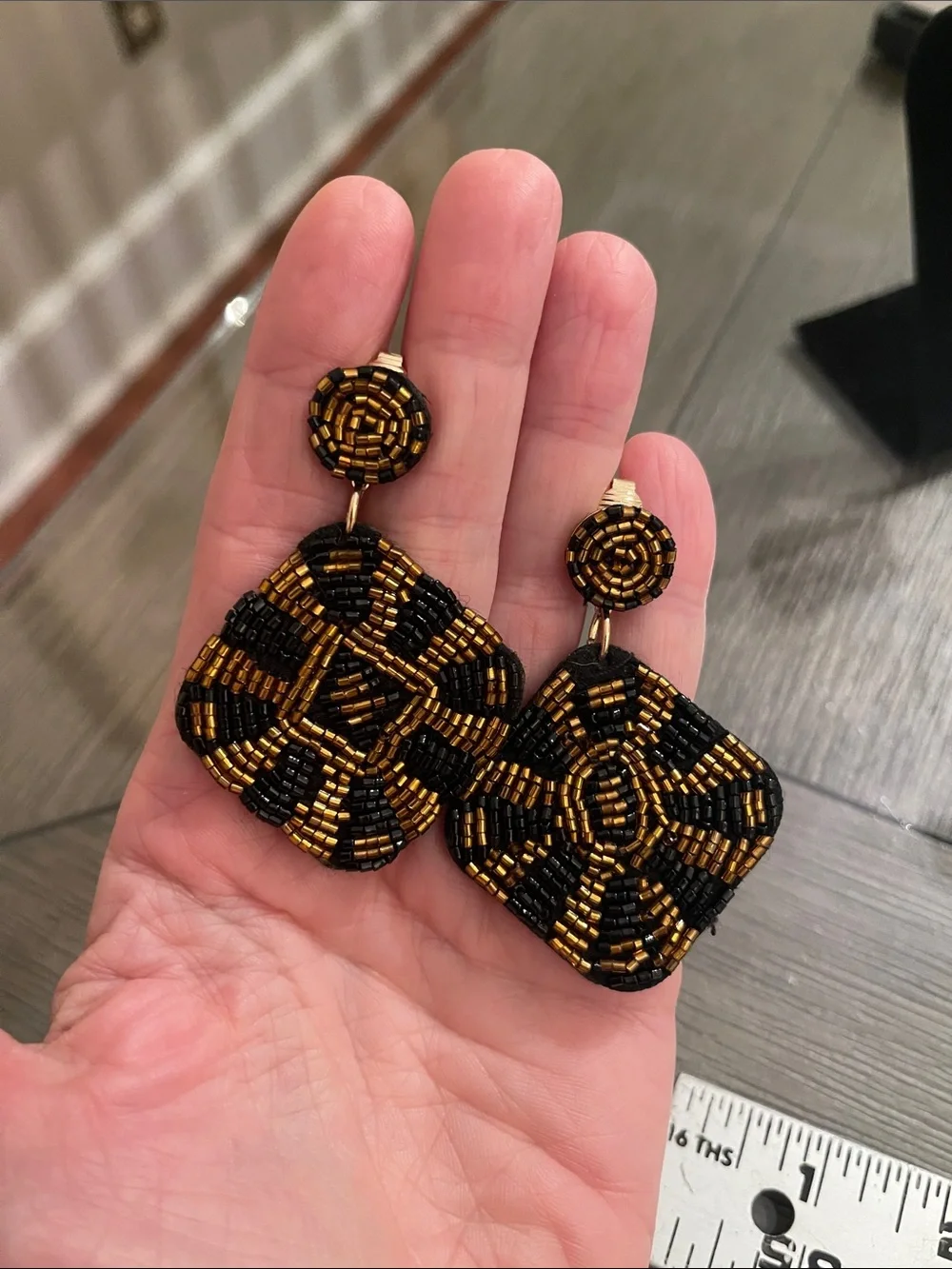 Vintage Style Square Geometric Black & Gold Seed Bead Dangle Clip Earrings